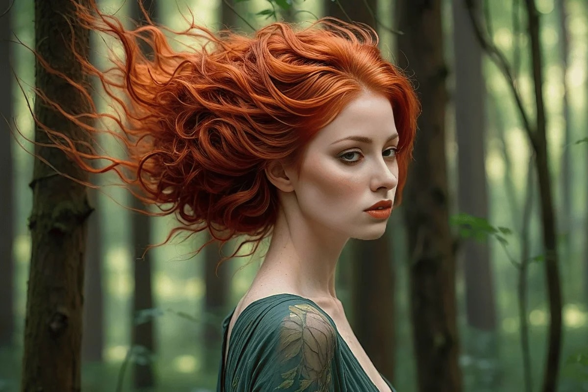 A woman with flowing, fiery red hair stands in a serene forest, surrounded by tall trees and soft green light.