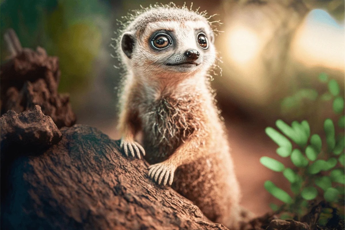 A curious meerkat with large eyes, perched on a rock, surrounded by greenery and warm, soft lighting.