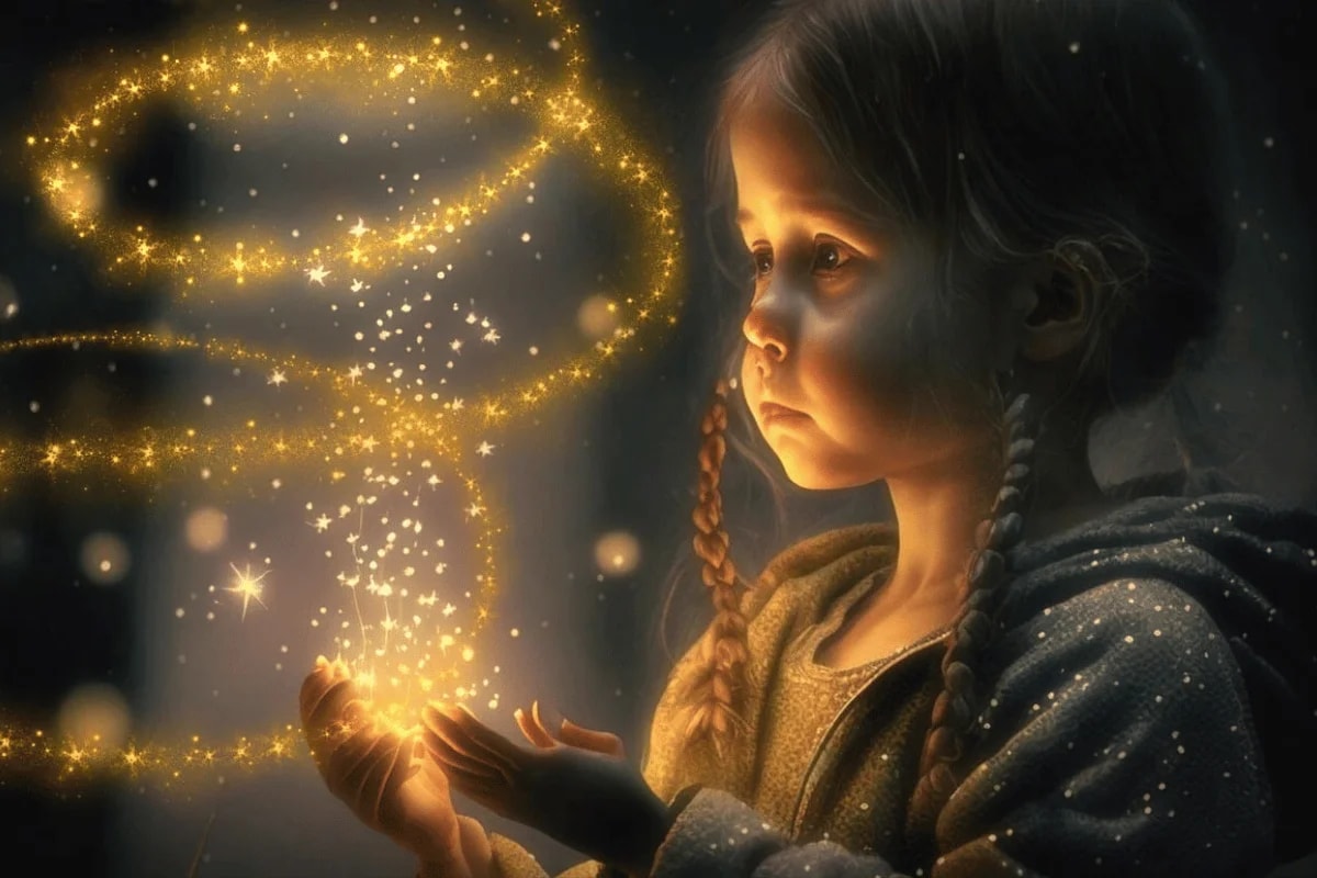 A young girl with braided hair holding glowing golden sparks in her hands, creating a magical atmosphere.