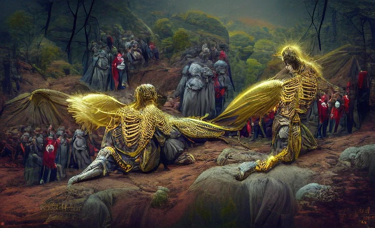 Two golden-winged skeletal figures sit on a rocky terrain, surrounded by a shadowy crowd in red and gray robes, evoking a mystical scene.