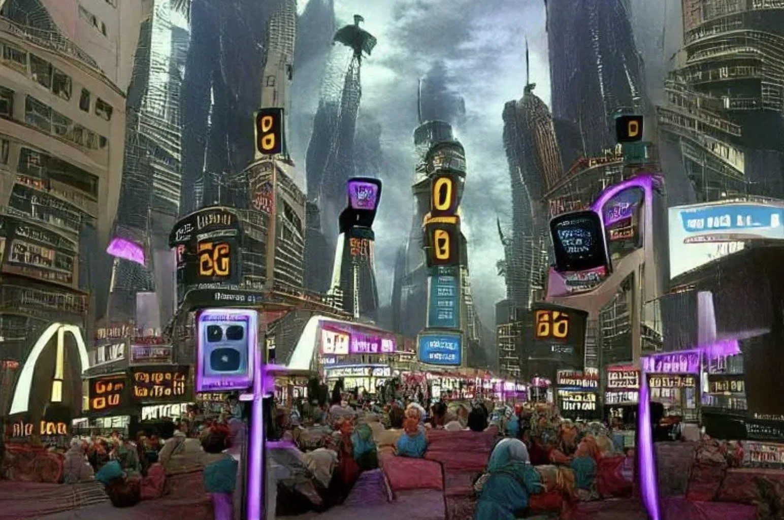 Futuristic cityscape with towering skyscrapers, vibrant neon signs, and a crowd seated on purple seating amidst a bustling atmosphere.