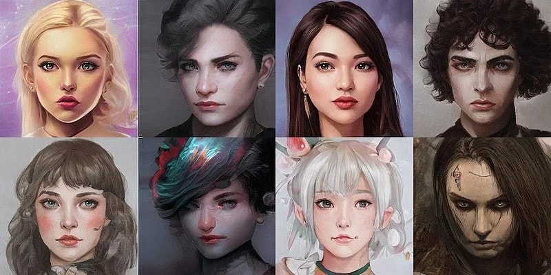 A grid of artistic portraits showcasing various hairstyles and hair colors, featuring different styles and textures across eight images.