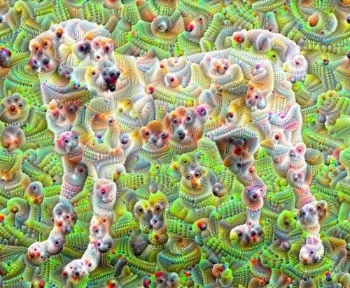 A colorful, abstract digital art piece depicting a dog formed by intricate patterns of various shapes and vibrant colors.