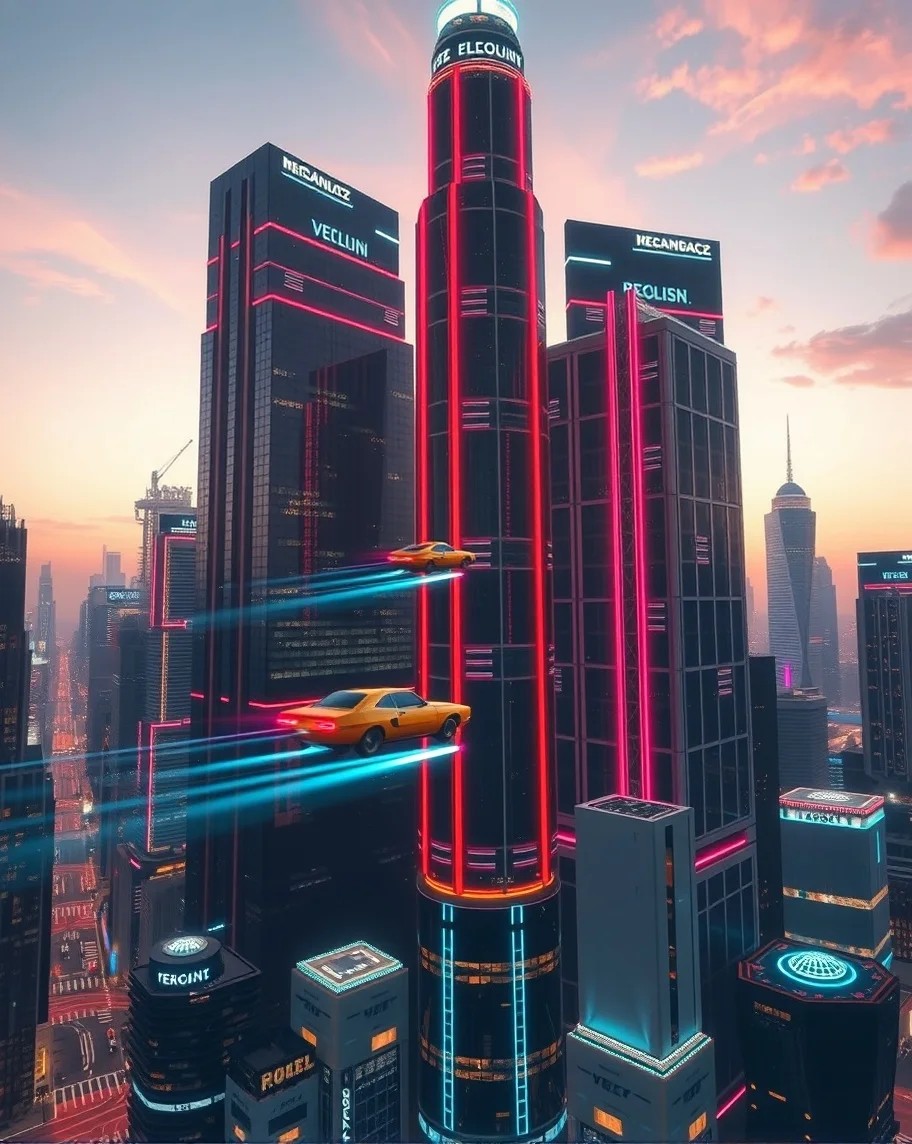 Futuristic skyline featuring neon-lit skyscrapers and flying cars, with a vibrant sunset backdrop illuminating the cityscape.