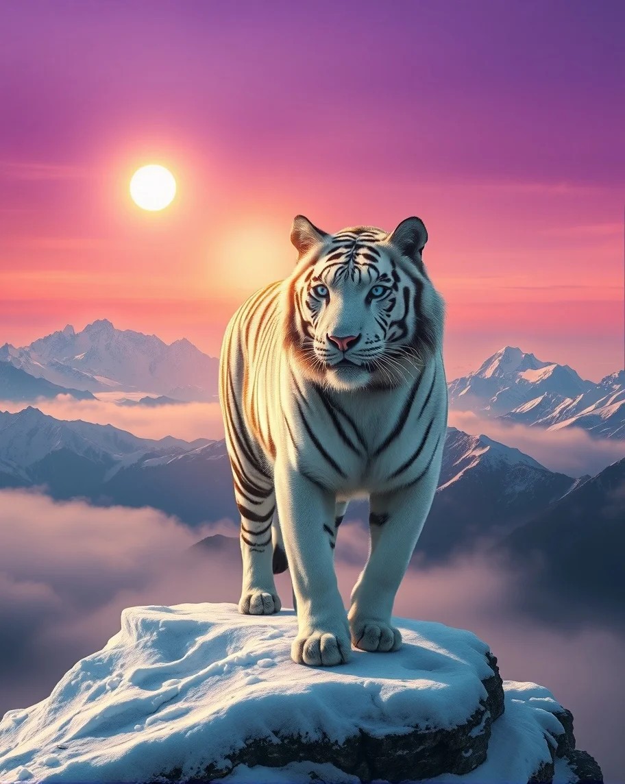 A majestic white tiger stands on a snowy peak against a vibrant sunset sky, surrounded by misty mountains.