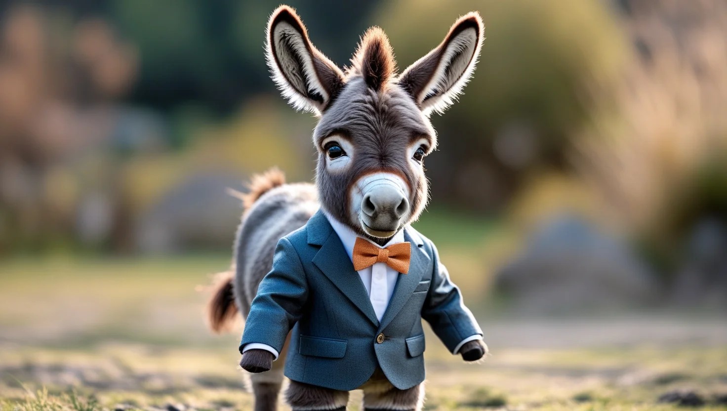 A dapper donkey plush toy wearing a blue suit and an orange bow tie stands on a grassy outdoor path, exuding charm and whimsy.