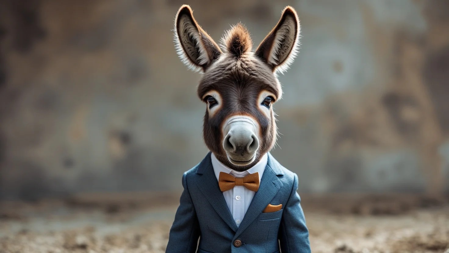 A donkey wearing a blue tuxedo and an orange bow tie poses against a blurred, rustic background.