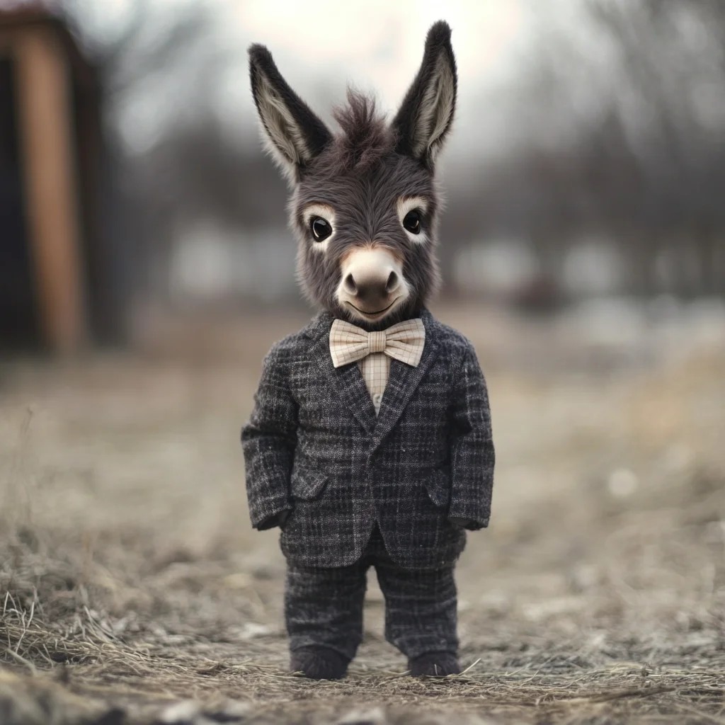 A dapper donkey in a plaid suit and bow tie stands confidently on a grassy field, exuding charm and whimsy.