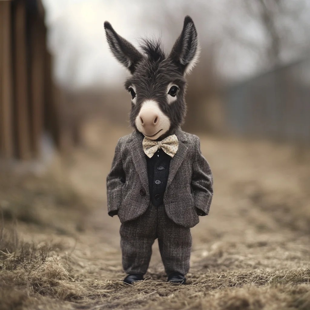 A serious-looking donkey in a suit and bow tie stands in a rural setting, exuding charm and whimsy against a blurred backdrop.