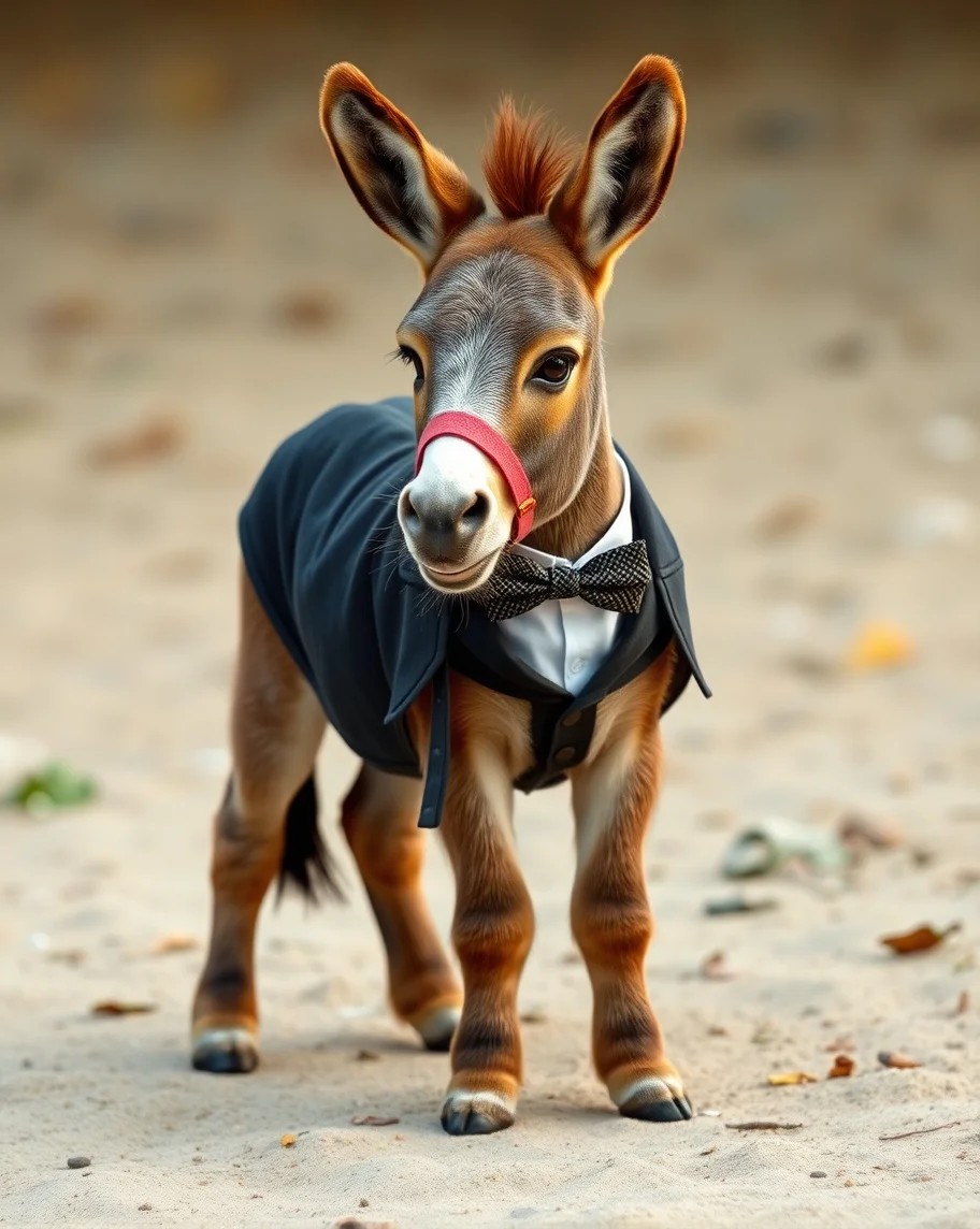 A stylish young donkey wearing a tuxedo and bow tie, walking on sandy ground with a playful expression.