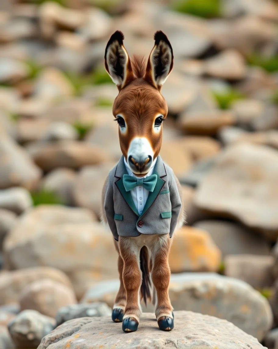 A cute donkey dressed in a gray suit and teal bow tie stands confidently on a rock, surrounded by pebbles and greenery.