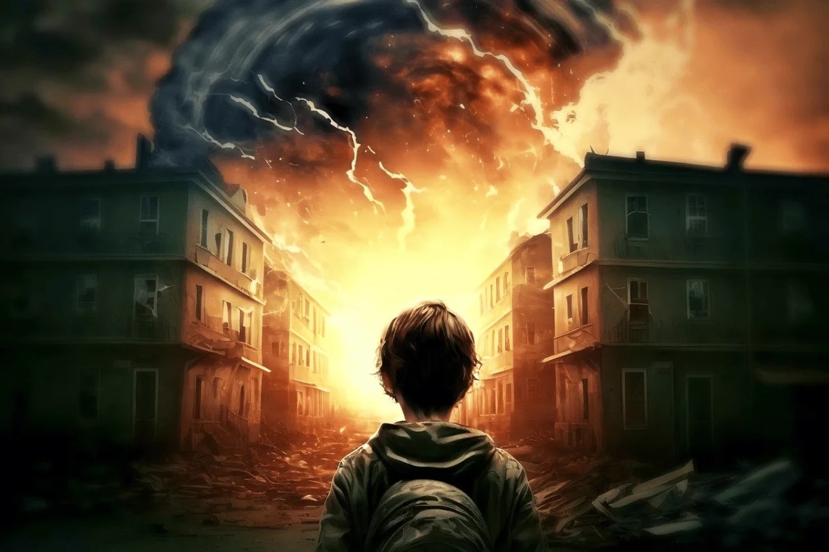 A boy stands amidst ruined buildings, facing a fiery explosion and ominous storm clouds, symbolizing destruction and despair.