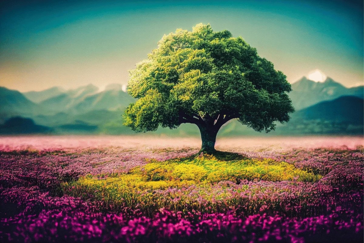 A solitary tree stands amidst a vibrant lavender field, with distant mountains and a softly lit sky in the background.