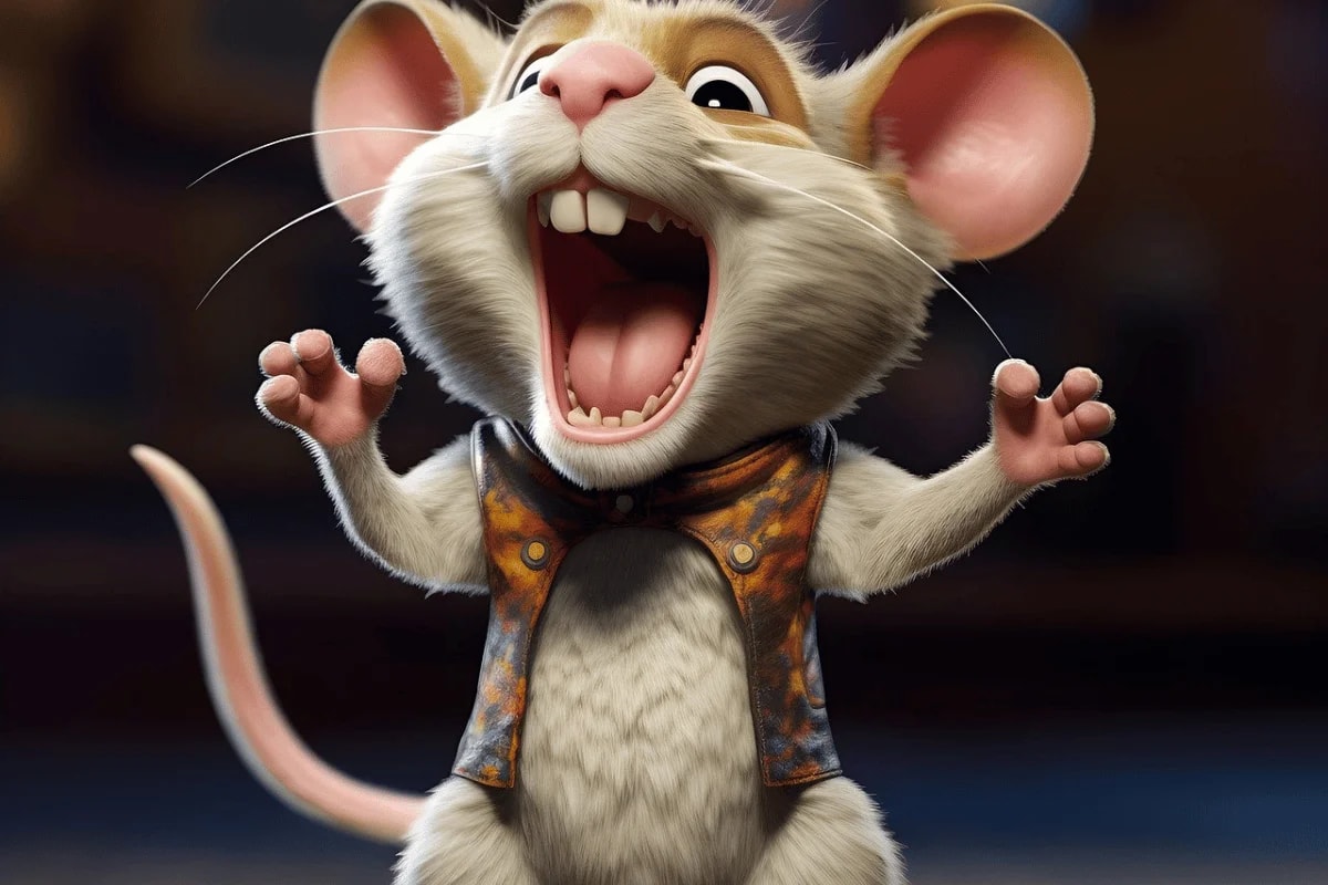 A cheerful cartoon mouse wearing a brown vest laughs heartily, with its mouth wide open and paws raised, set against a dark backdrop.