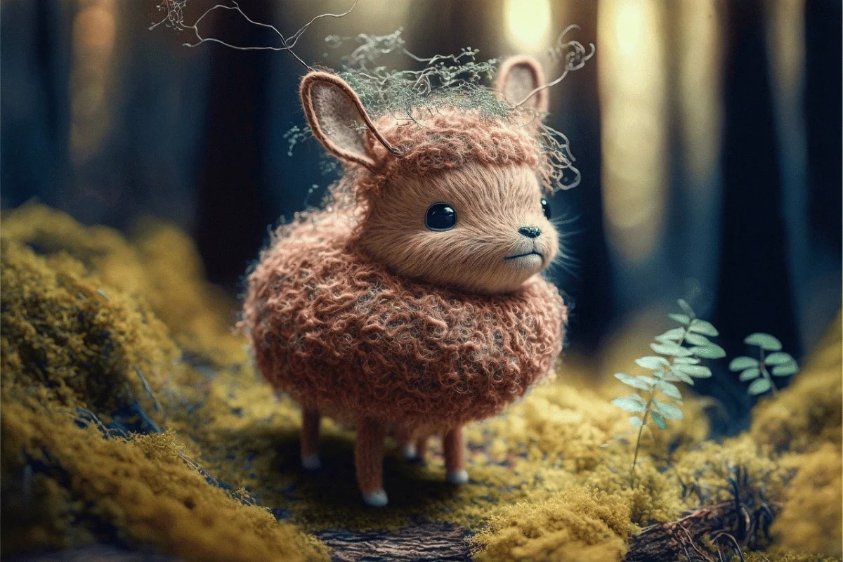 Adorable fluffy woodland creature with curly fur standing on moss in a magical forest setting.