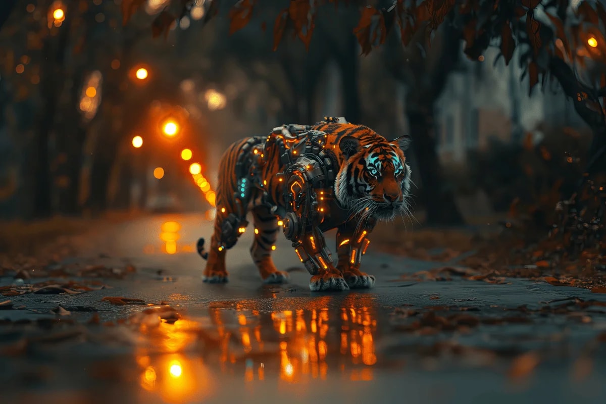 A majestic cybernetic tiger adorned with glowing orange and blue lights prowls through a dimly lit forest path.