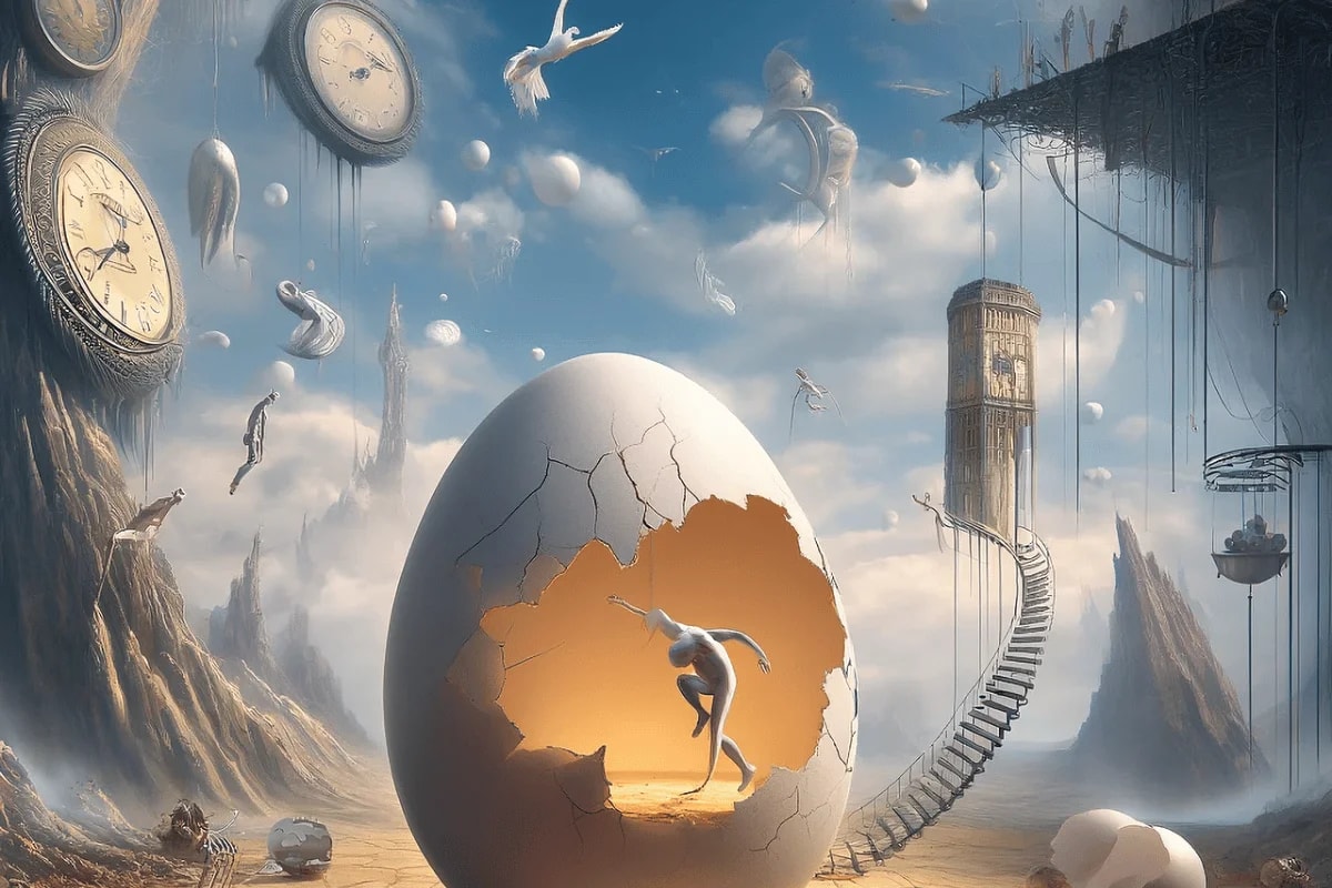 Surreal fantasy artwork with a giant cracked egg and a humanoid figure emerging.